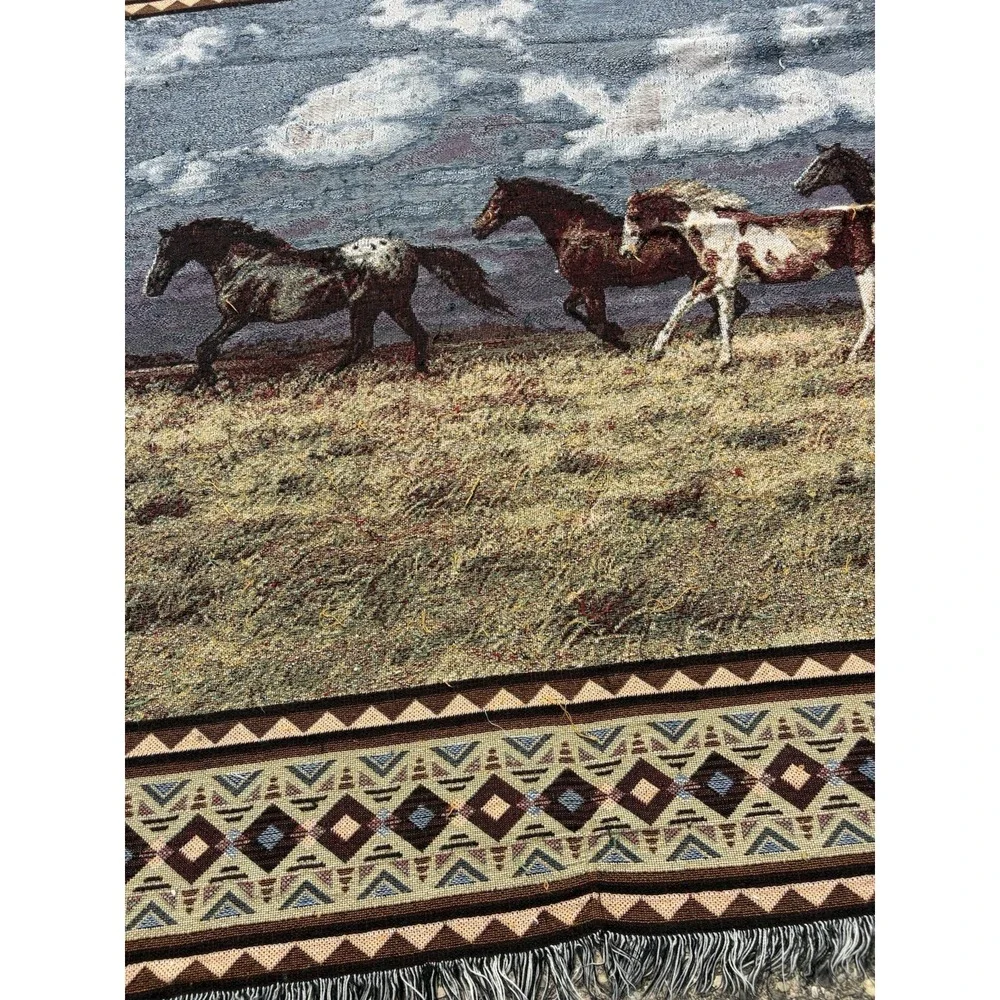 Vintage 90s C. Cummings Horses Fringe Throw Tapestry Blanket 13 FEET X 64 Inches